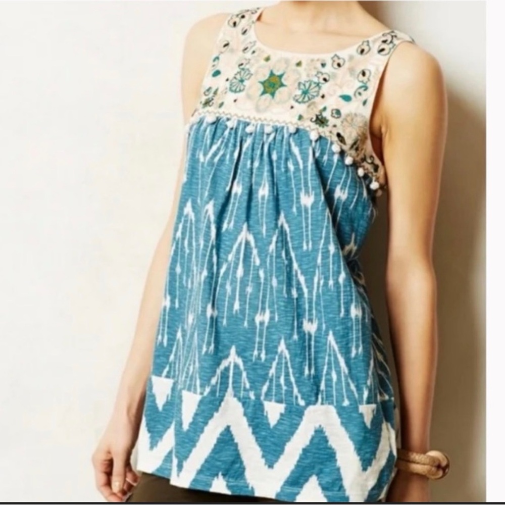 Anthropologie Floreat Cascata Embroidered Pom Pom Tunic Top XS